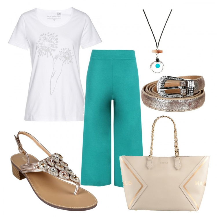 Outfit donna - Trendy con la t-shirt basic low cost. Stile Trendy per Tutti i giorni. Abbinamento con t-shirt, collane, borse a mano, pantaloni culotte, sandali gioiello, cinture.