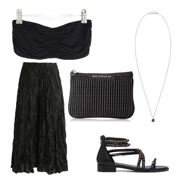 Outfit donna - Aperitivo in riva al mare. Stile Sexy per Serata fuori. Abbinamento con pantaloni, top, sandali gioiello, pochette, collane.