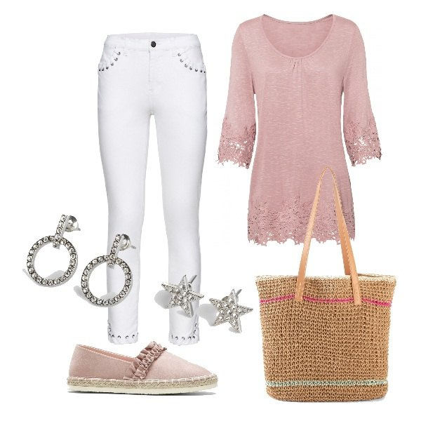 Outfit donna - Praticità ogni giorno. Stile Casual per Tutti i giorni. Abbinamento con maglieria, espadrillas, pantaloni capri, shopping bag, orecchini.