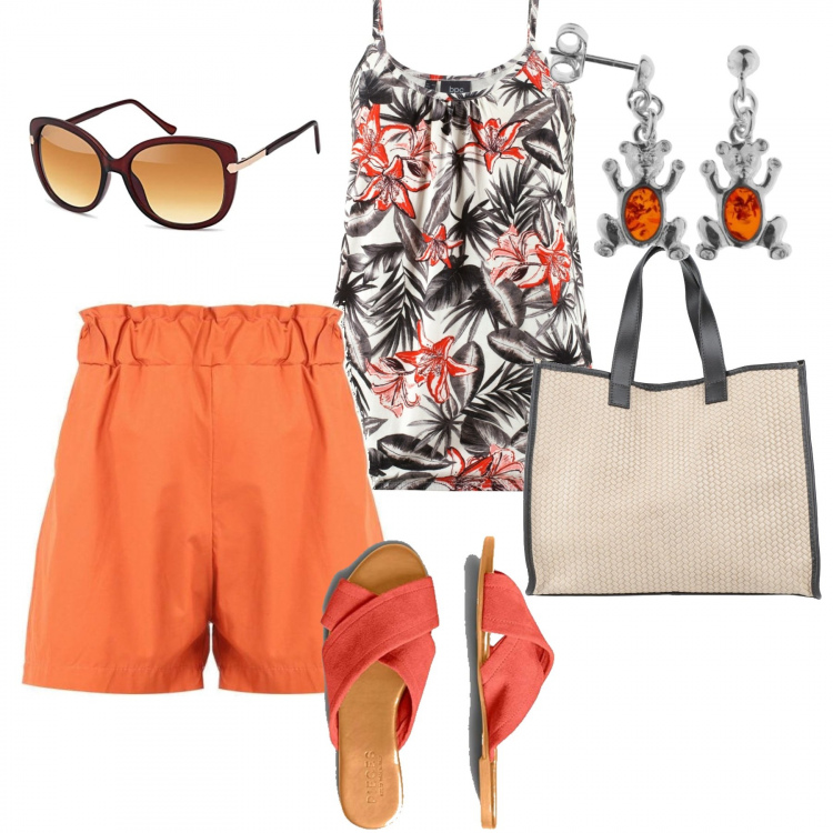Outfit donna - Comoda e chic. Stile Casual per Tutti i giorni. Abbinamento con top, borse a mano, shorts, orecchini, sandali in pelle, occhiali da sole.