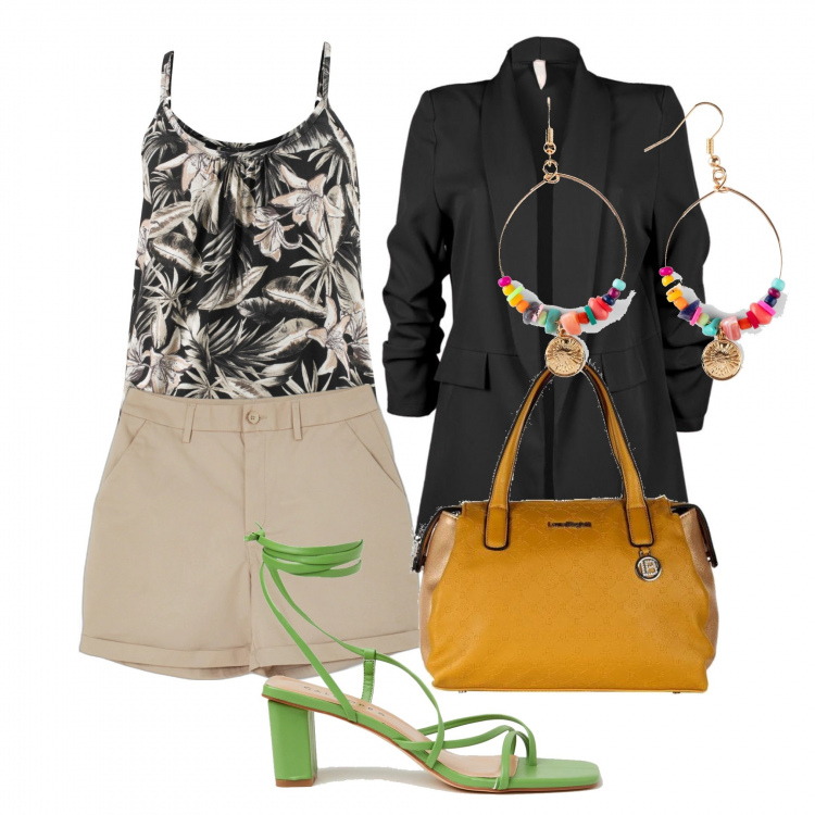 Outfit donna - Dettagli in colore. Stile Casual chic per Serata fuori. Abbinamento con top, orecchini, blazer, borse a mano, shorts, sandali alla schiava.