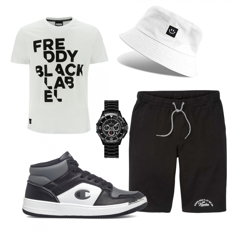 Outfit uomo - Give me five. Stile Urban per Tutti i giorni. Abbinamento con bermuda, t-shirt, sneakers alte, orologi, cappelli con visiera.