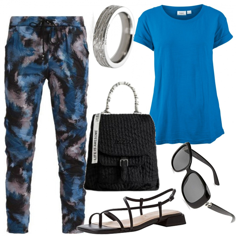 Outfit donna - Curvy abbinamenti vincenti. Stile Casual per Ufficio. Abbinamento con t-shirt, pantaloni, sandali, zaini, occhiali da sole, anelli.