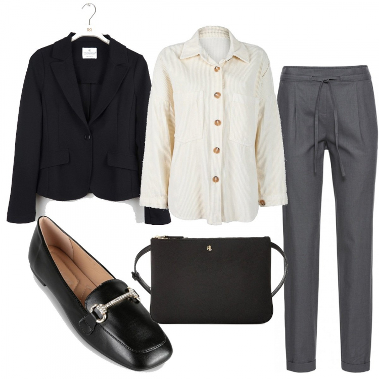 Outfit donna - Mannish #702. Stile Mannish per Ufficio. Abbinamento con pantaloni, camicie, mocassini, borse a tracolla, blazer.
