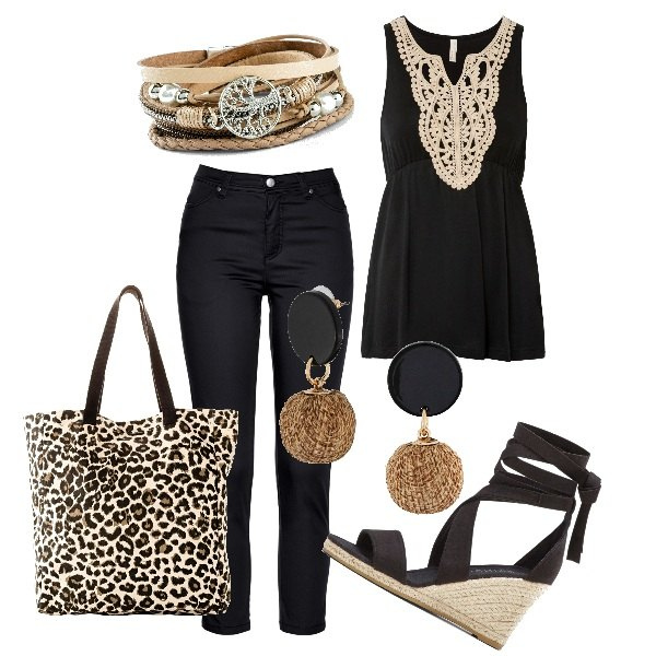 Outfit donna - Nero e beige. Stile Boho per Tutti i giorni. Abbinamento con pantaloni, braccialetti, orecchini, top, sandali, shopping bag.