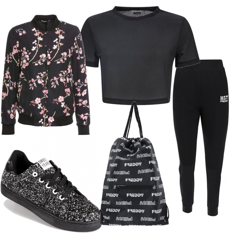 Outfit donna - Total look #1366249. Stile Basic per Sport. Abbinamento con bomber, sneakers, zaini, t-shirt, pantaloni.