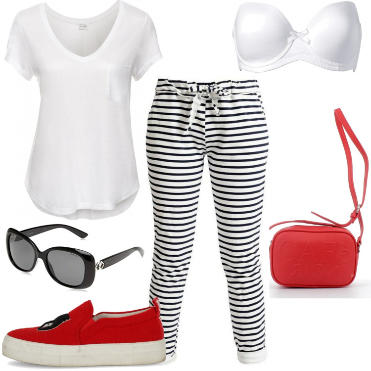 Outfit donna - Il rosso status symbol per ogni donna. Stile Casual per Scuola/Università. Abbinamento con t-shirt, reggiseni, pantaloni, sneakers, borse a tracolla, occhiali da sole.