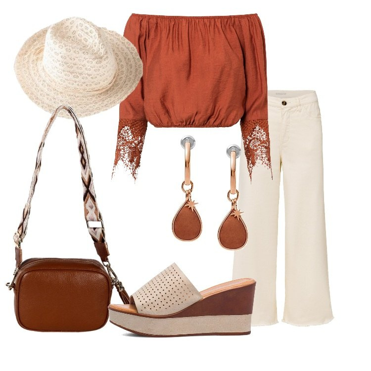 Outfit donna - Soft Boho da città. Stile Boho per Tutti i giorni. Abbinamento con vestiti, pantaloni culotte, cappelli, borse a tracolla, sandali in pelle, orecchini.