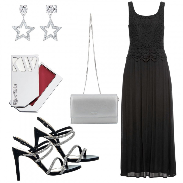 Outfit donna - Una sera sotto le stelle. Stile Chic per Serata fuori. Abbinamento con vestiti midi/longuette, sandali col tacco, clutch, rossetti, orecchini.