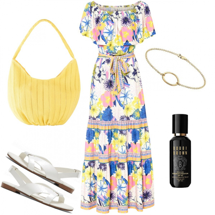 Outfit donna - Un giro al mercato del paese. Stile Casual chic per Tutti i giorni. Abbinamento con sandali, vestiti, shopping bag, fondotinta, braccialetti.