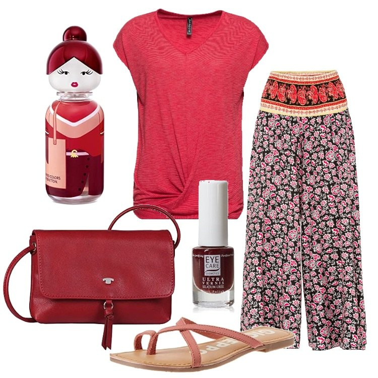 Outfit donna - In giro per il mondo. Stile Etnico per Tutti i giorni. Abbinamento con maglieria, pantaloni, profumi, borse a tracolla, smalti, sandali.