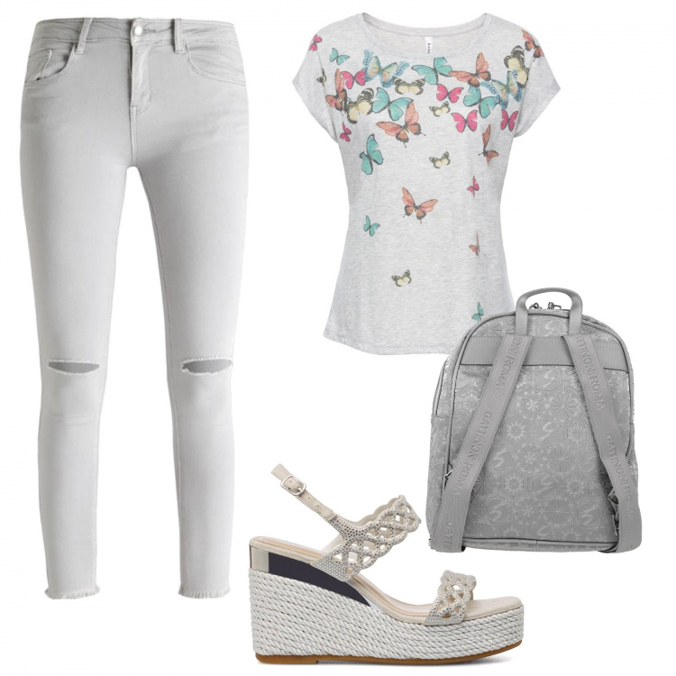 Outfit donna - Butterfly multicolor. Stile Trendy per Tutti i giorni. Abbinamento con zaini, maglieria, pantaloni, sandali gioiello.