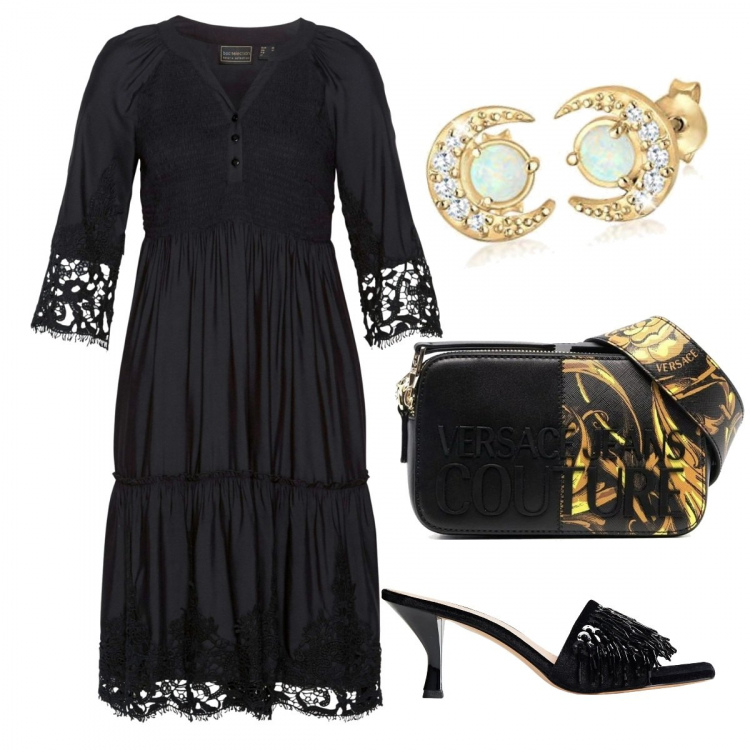 Outfit donna - Total black in estate. Stile Chic per Tutti i giorni. Abbinamento con vestiti chemisier, sandali gioiello, borse a tracolla, orecchini.