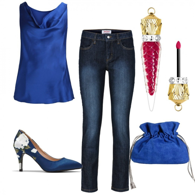 Outfit donna - Blu elettrico e un po\' di lipgloss. Stile Casual chic per Serata fuori. Abbinamento con jeans slim fit, décolleté, borse a mano, top, gloss.