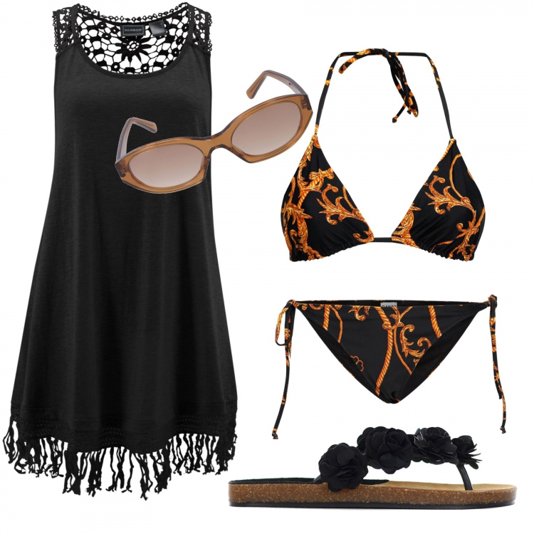 Outfit donna - Diva in spiaggia. Stile Trendy per Mare. Abbinamento con vestiti da spiaggia, infradito, bikini, bikini, occhiali da sole.