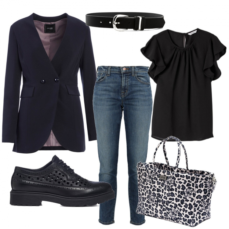 Outfit donna - In ufficio venerdì. Stile Casual per Ufficio. Abbinamento con cinture, camicie, blazer, pantaloni skinny, borse a mano, scarpe stringate.