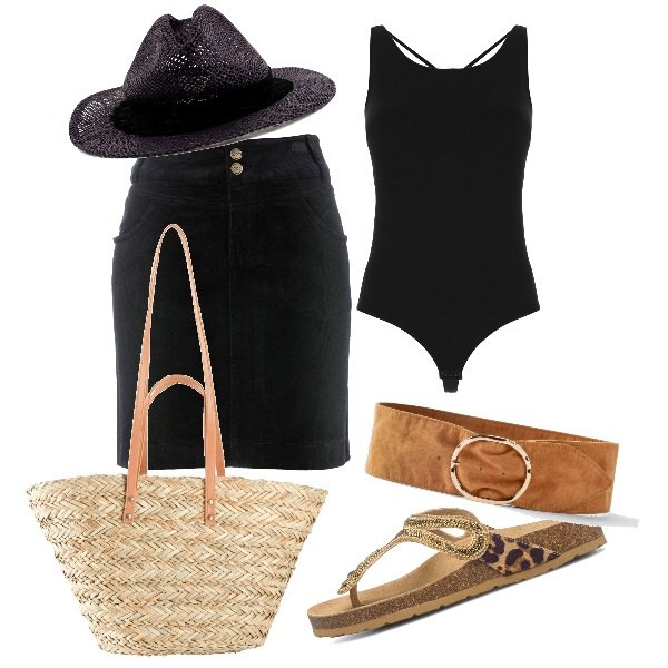Outfit donna - Disinvolta. Stile Basic per Tutti i giorni. Abbinamento con gonne lunghe, cinture, shopping bag, cappelli, body, infradito.