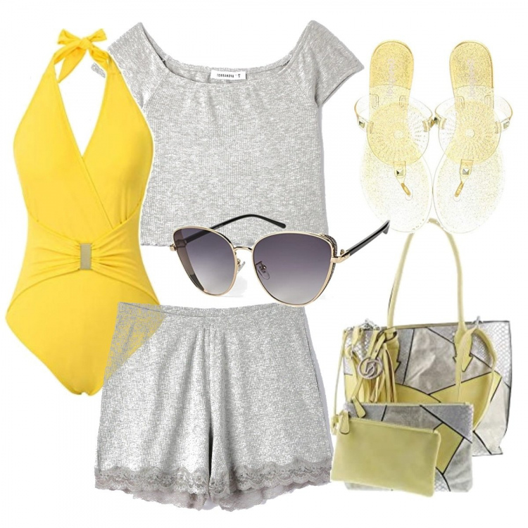 Outfit donna - Casual #11537. Stile Casual per Mare. Abbinamento con t-shirt, pantaloni corti, costumi interi, borse a spalla, occhiali da sole, infradito.