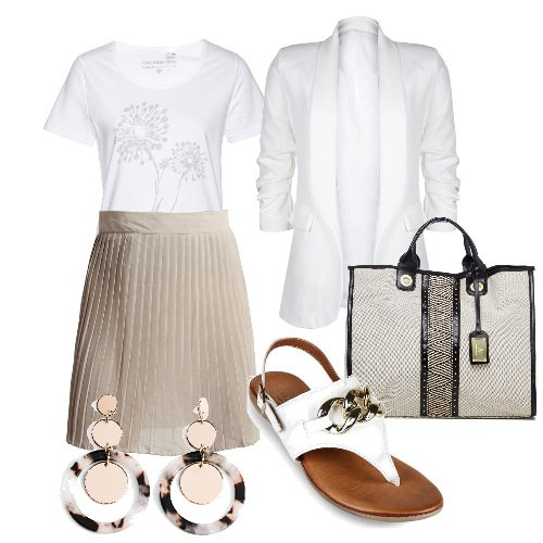 Outfit donna - Chiaro di mezza estate. Stile Bon Ton per Tutti i giorni. Abbinamento con t-shirt, orecchini, minigonne, infradito, blazer, borse a mano.