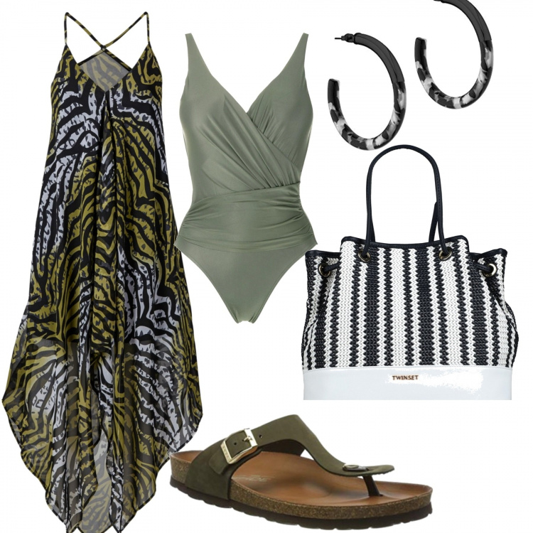 Outfit donna - In spiaggia. Stile Casual chic per Mare. Abbinamento con vestiti da spiaggia, borse a mano, costumi interi, sabot, orecchini.