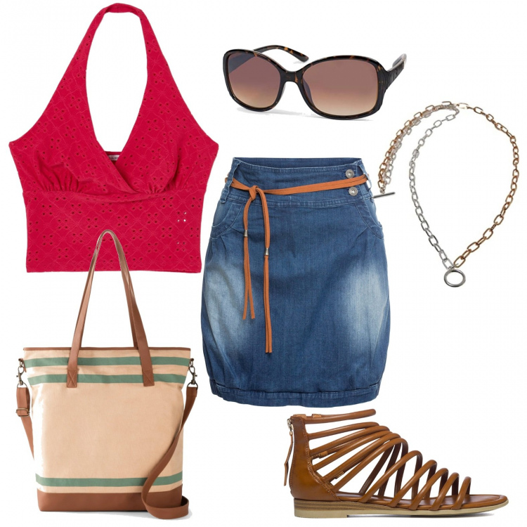 Outfit donna - Il top rosso. Stile Trendy per Tutti i giorni. Abbinamento con minigonne, shopping bag, top, sandali in pelle, occhiali da sole, collane.