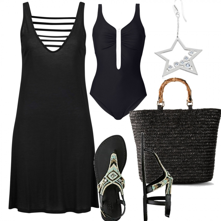 Outfit donna - In spiaggia. Stile Casual per Mare. Abbinamento con costumi interi, vestiti da spiaggia, maglieria, sandali, orecchini.