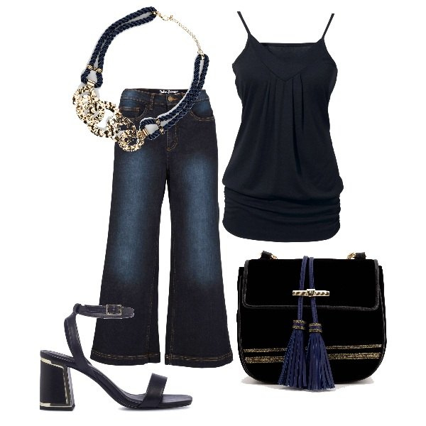 Outfit donna - Blu. Stile Minimal per Tutti i giorni. Abbinamento con top, jeans, collane, borse a tracolla, sandali in pelle.