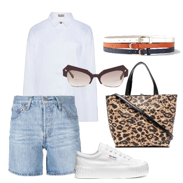 Outfit donna - Camicia bianca. Stile Casual chic per Tutti i giorni. Abbinamento con cinture, camicie, occhiali da sole, sneakers, shorts, borse tote.