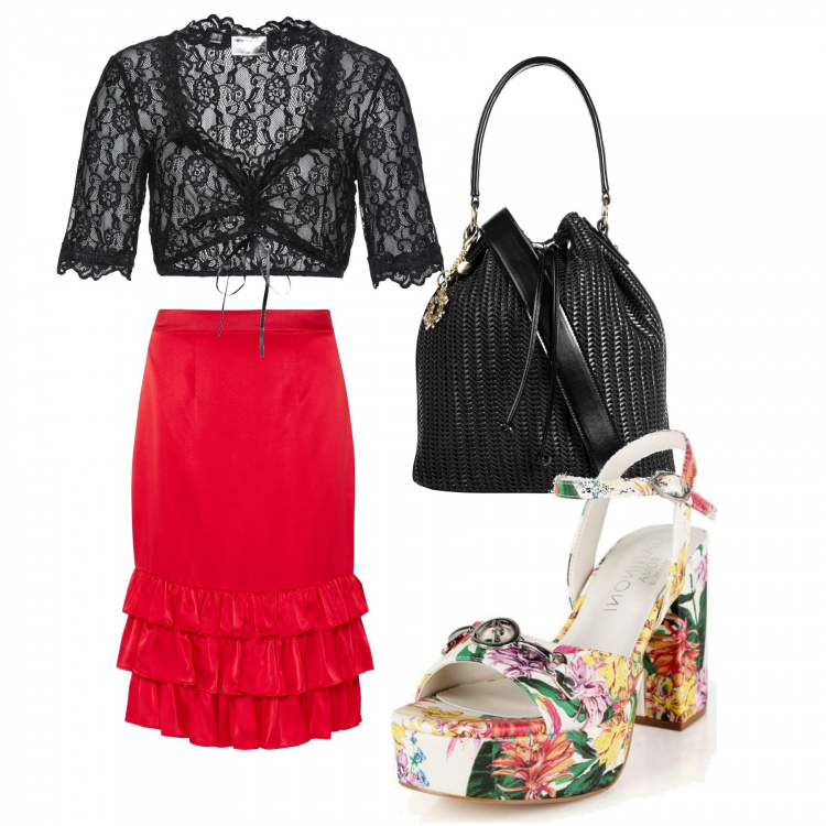 Outfit donna - Sexy #1425. Stile Sexy per Serata fuori. Abbinamento con gonne longuette, camicie, sandali in pelle, borse a secchiello.