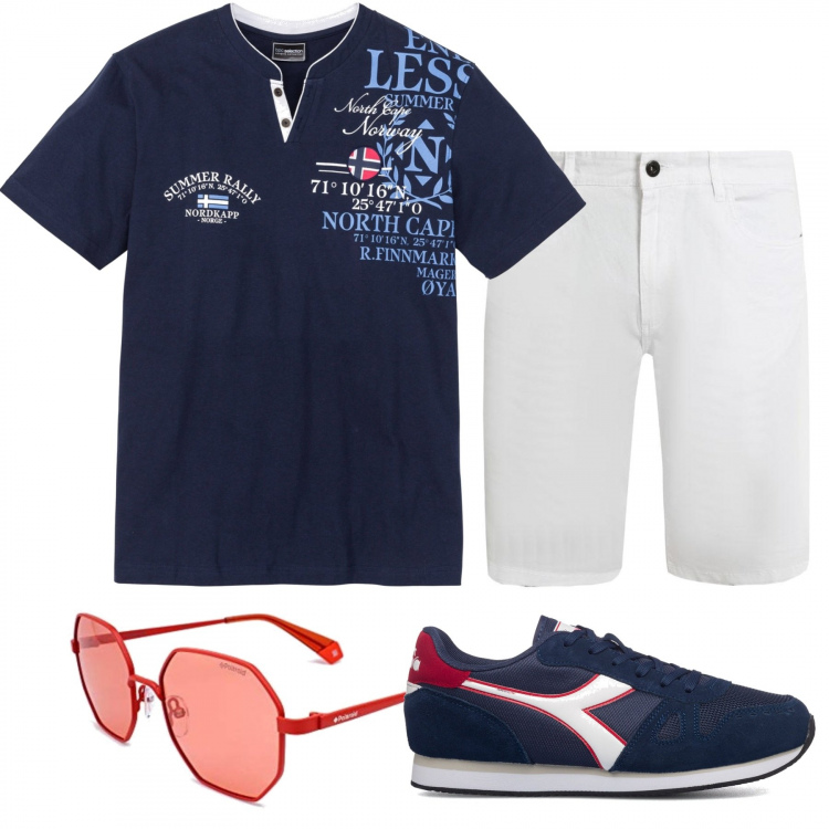 Outfit uomo - Fantasia di parole. Stile Casual per Mare. Abbinamento con t-shirt, bermuda, sneakers, occhiali da sole.
