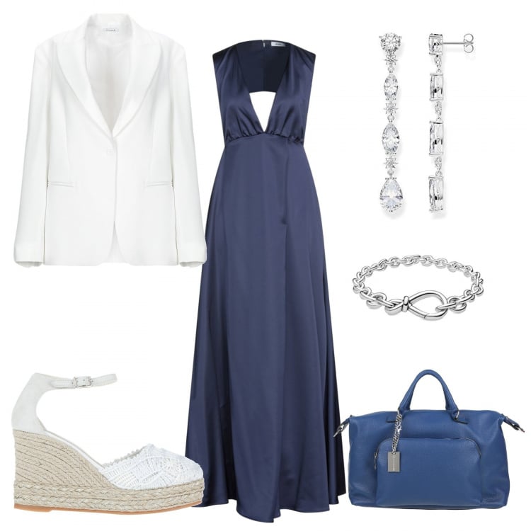 Outfit mujer - Romántica #3196. Estilo Romántica para Noche/Fiesta elegante. Combinación con pulseras, pendientes, vestidos largos, bolsos de mano, blazers, espadrillas.