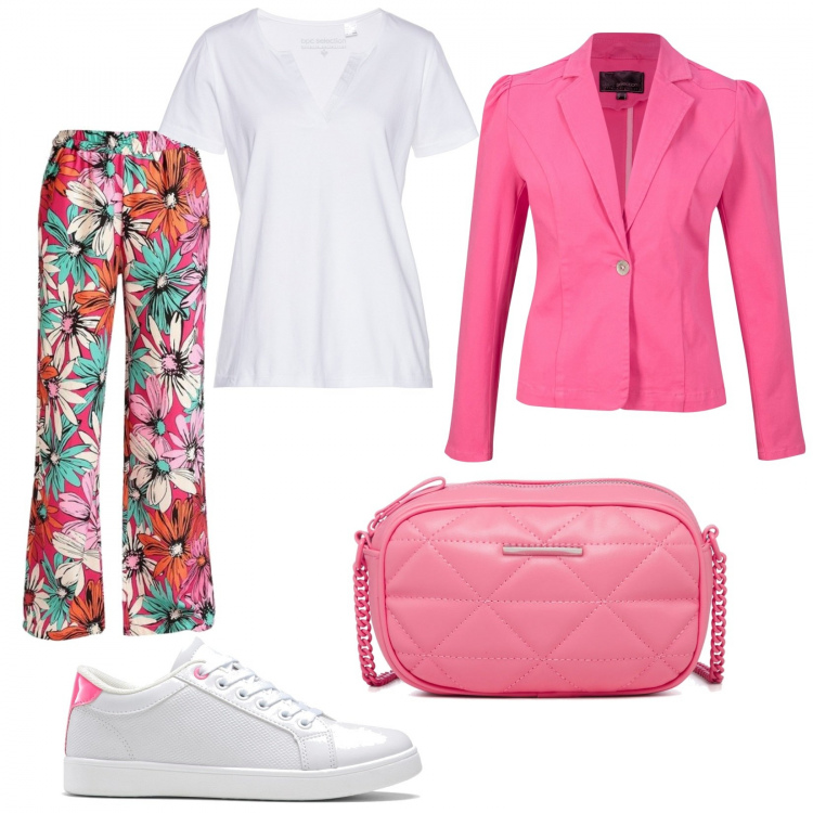 Outfit donna - La t-shirt sotto al blazer. Stile Casual chic per Ufficio. Abbinamento con camicie a manica corta, sneakers, t-shirt, pantaloni, borse a tracolla.