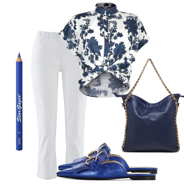 Outfit donna - La camicia col nodo. Stile Casual chic per Tutti i giorni. Abbinamento con pantaloni, camicie a manica corta, sabot, borse a spalla, eyeliner.