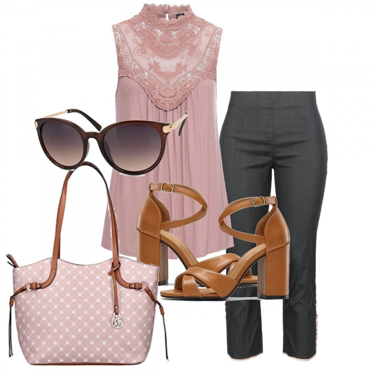 Outfit donna - Shopping giornaliero. Stile Bon Ton per Tutti i giorni. Abbinamento con top, sandali col tacco, pantaloni, shopping bag, occhiali da sole.