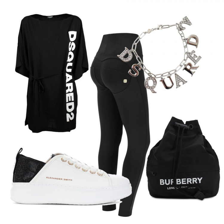 Outfit donna - Comodità top class. Stile Casual per Tutti i giorni. Abbinamento con pantaloni skinny, sneakers, braccialetti, t-shirt, pochette.