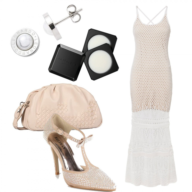 Outfit donna - L\'abito a sirena. Stile Chic per Serata fuori. Abbinamento con vestiti, décolleté, profumi, orecchini, borse a tracolla.