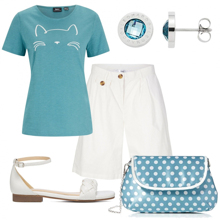 Outfit donna - Basica e divertente. Stile Casual per Tutti i giorni. Abbinamento con t-shirt, bermuda, sandali in pelle, borse a tracolla, orecchini.