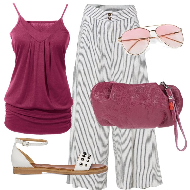 Outfit donna - In centro con le amiche. Stile Casual chic per Tutti i giorni. Abbinamento con top, pantaloni culotte, borse a mano, sandali in pelle, occhiali da sole.