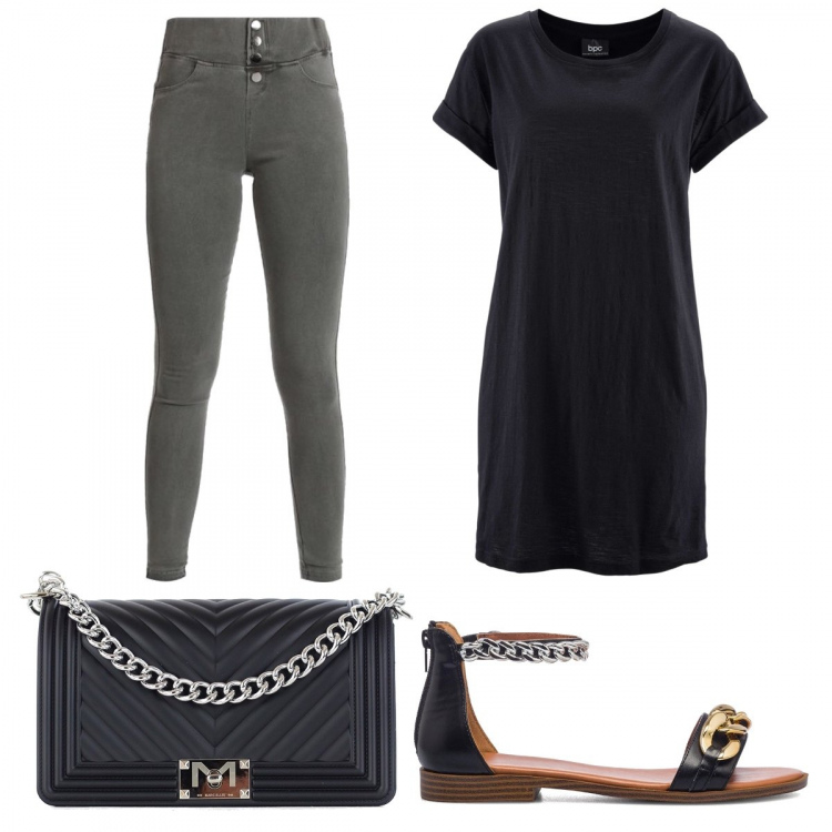 Outfit donna - Rock #1340. Stile Rock per Tutti i giorni. Abbinamento con t-shirt, jeggings, borse a tracolla, sandali in pelle.