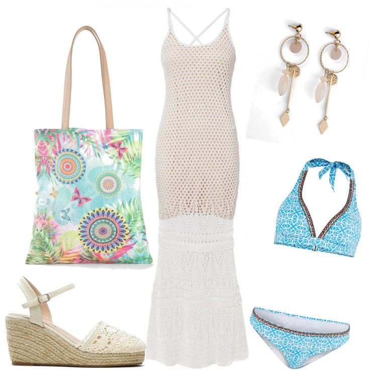 Outfit donna - Costume di giorno vestito di sera. Stile Sexy per Mare. Abbinamento con vestiti, orecchini, décolleté, bikini, shopping bag.