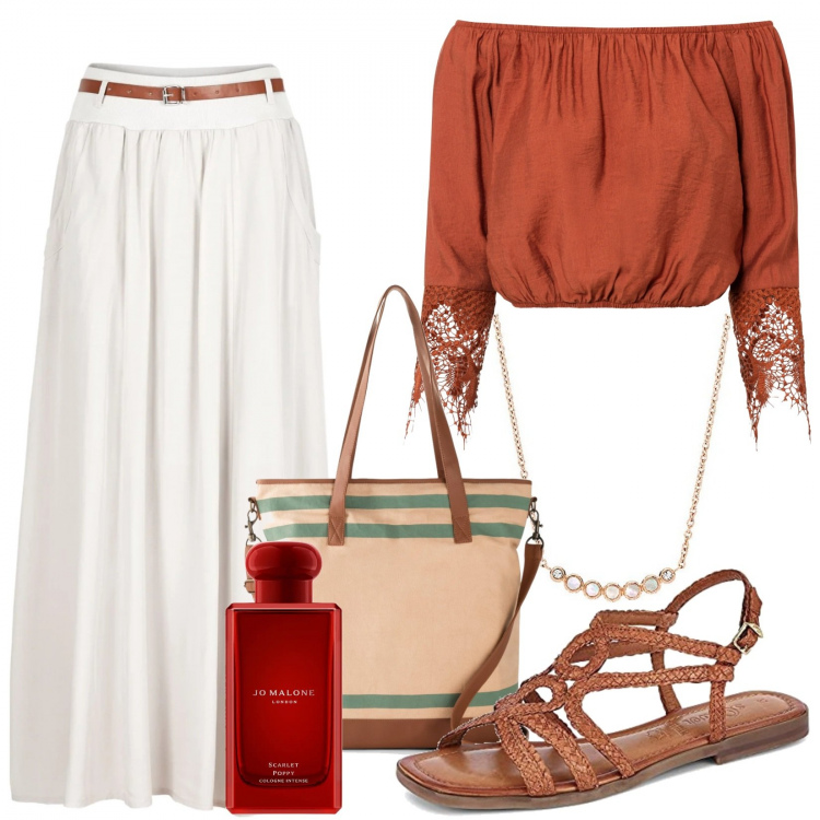 Outfit donna - Fragranza floreale. Stile Casual per Tutti i giorni. Abbinamento con vestiti, gonne lunghe, shopping bag, sandali, collane, profumi.