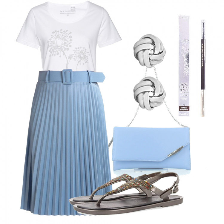 Outfit donna - Plissé polvere. Stile Bon Ton per Serata fuori. Abbinamento con t-shirt, gonne lunghe, clutch, infradito, orecchini, matite sopracciglia.
