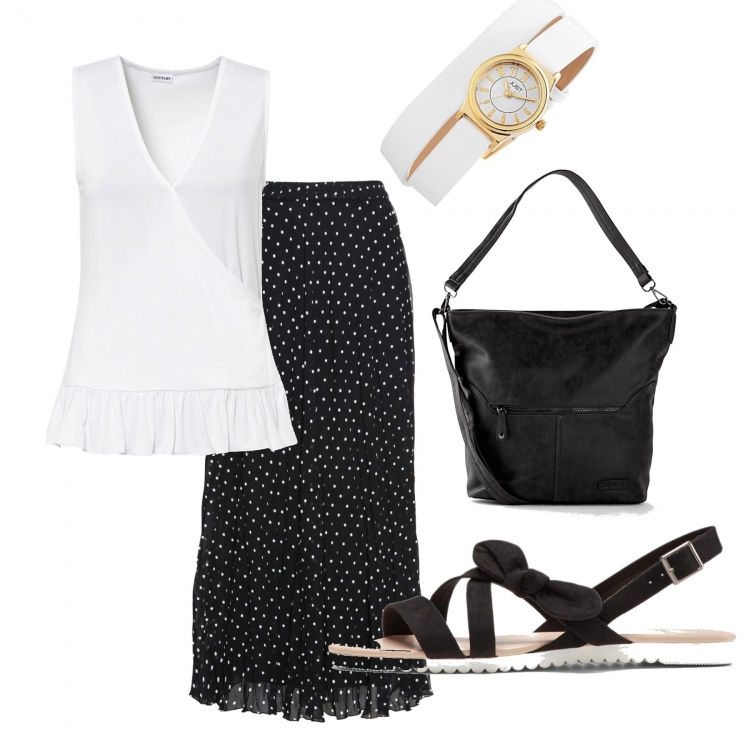 Outfit donna - La gonna a pois. Stile Bon Ton per Ufficio. Abbinamento con gonne, borse a tracolla, top, sandali, orologi.