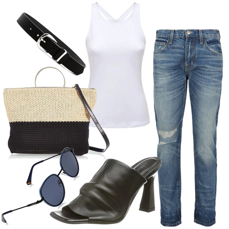 Outfit donna - Total look #1369423. Stile Casual per Tutti i giorni. Abbinamento con cinture, jeans dritti, sandali col tacco, canottiere, borse a mano, occhiali da sole.