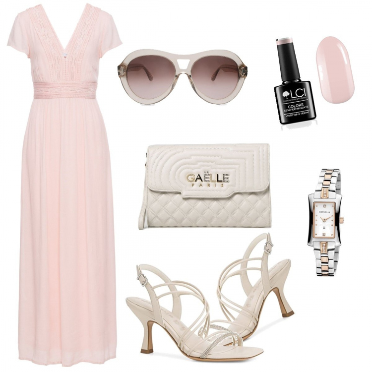 Outfit donna - Un po’ di romanticismo. Stile Romantica per Serata fuori. Abbinamento con vestiti lunghi, pochette, occhiali da sole, sandali col tacco, orologi analogici, smalti.