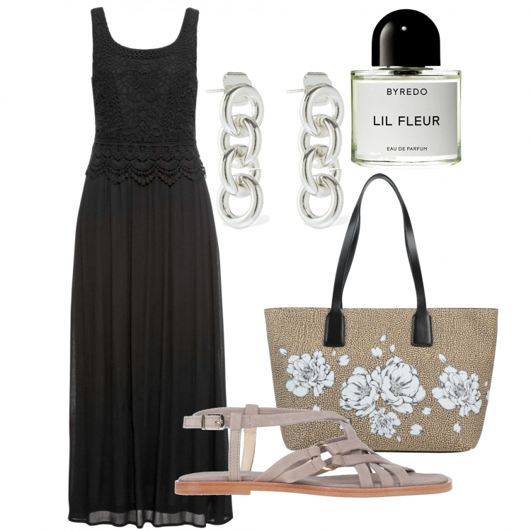 Outfit donna - Nero e geniale. Stile Chic per Tutti i giorni. Abbinamento con borse a mano, sandali in pelle, vestiti midi/longuette, orecchini, profumi.