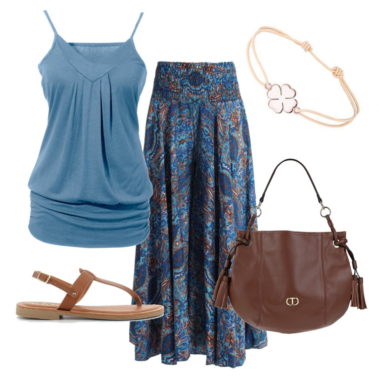 Outfit donna - Total look #1369675. Stile Boho per Tutti i giorni. Abbinamento con top, borse a mano, pantaloni, sandali in pelle, braccialetti.