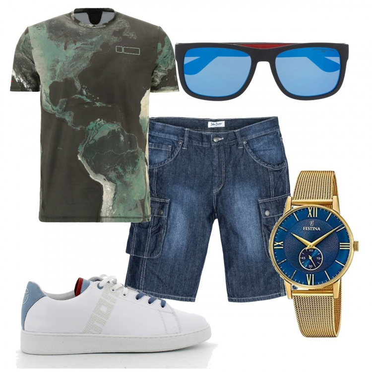 Outfit uomo - #sneakers #comode. Stile Casual per Tutti i giorni. Abbinamento con bermuda, occhiali da sole, t-shirt, sneakers, orologi analogici.