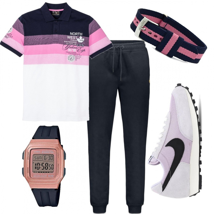 Outfit uomo - #classico&moderno. Stile Casual per Tutti i giorni. Abbinamento con polo, pantaloni, sneakers, orologi digitali, braccialetti.
