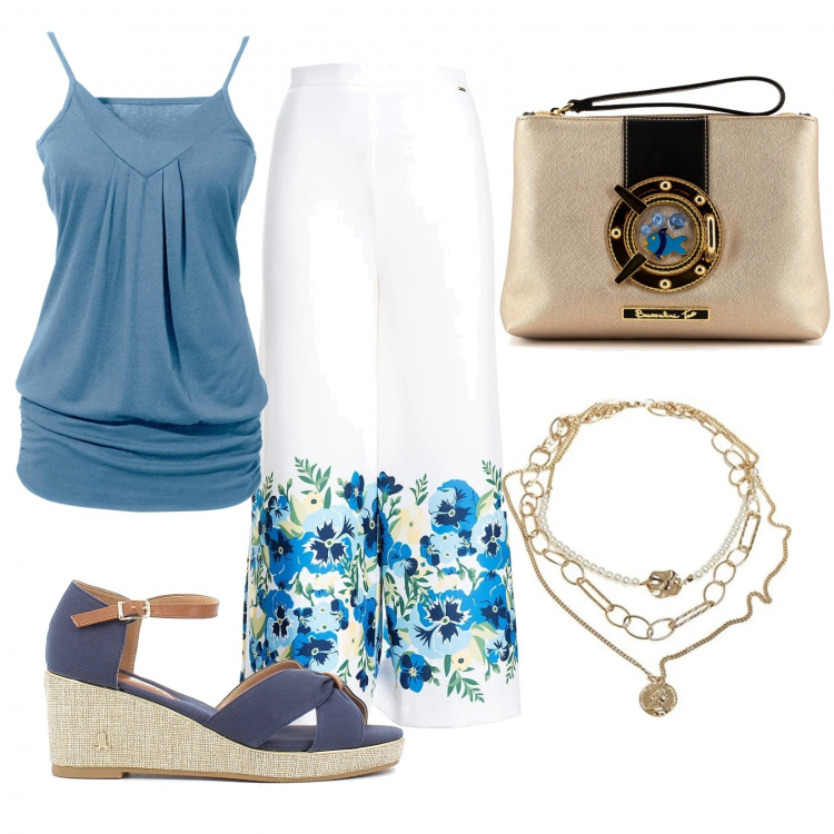 Outfit donna - Delicata con le viole. Stile Casual chic per Serata fuori. Abbinamento con top, pantaloni capri, pochette, zeppe, ciondoli.